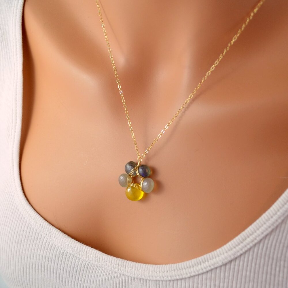 Grey and Yellow Gemstone Flower Necklace in Gold